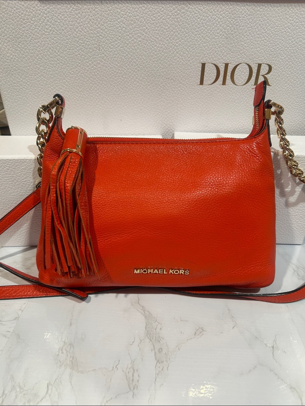 Michael Kors Bright Orange Leather Tassel Crossbody
